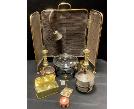 Brass &amp; Copper - a pair of brass candlesticks;  Novelty Trumps marker as a street lamp,  copper tankard, wire work fire s