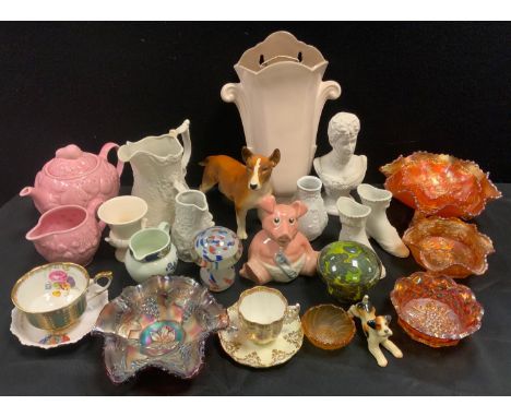 Ceramics and glass - six assorted Carnival glass bowls; Wade money bank: Poole pottery wall pocket, parian bust, jug etc 