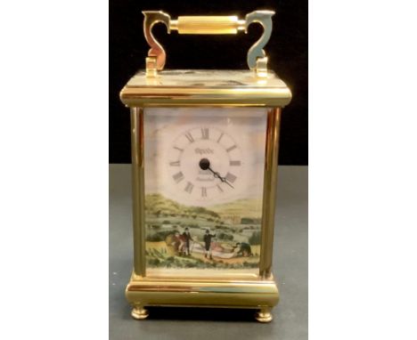 A Spode brass carriage clock with hand painted picnic scene, ceramic side panels. Boxed. 19.5cm high. 