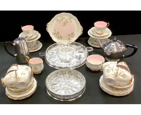 A Royal Albert Braemar part tea service for 12 to include teacups, saucers, tea plates, cake plate, milk and sugar; a plated 