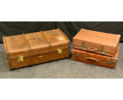 Vintage luggage - metal and wooden bound traveling trunk, signed J.S.Benzecry, labelled W.H.JEFFCOAT &amp; CO, various travel