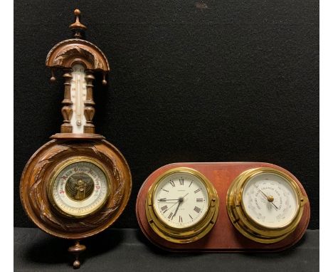 Clocks &amp; Barometers - a carved mahogany framed Aneroid barometer thermometer;  a Staiger bulkhead clock barometer 