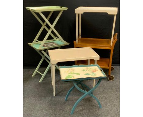 An Edwardian Servex patent folding tray table;&nbsp; other tray tables, one with print of Chatsworth House;&nbsp; tea trolley