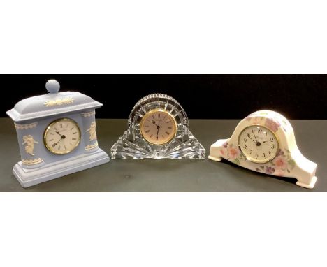 A Waterford Crystal mantel clock; a Wedgwood Jasperware mantel clock; a Blandford ceramic mantel clock af. (3). 