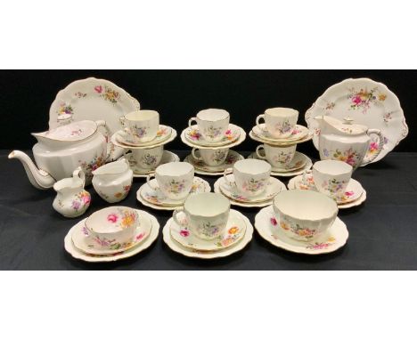 A Royal Crown Derby posies pattern ten setting tea service, inc tea pot, milk jug, sugar bowl, cups, saucers etc mixed marks,