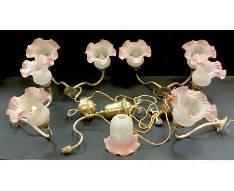 Lighting - four two branch wall sconces; a counter balance two branch ceiling lamp. (5) 