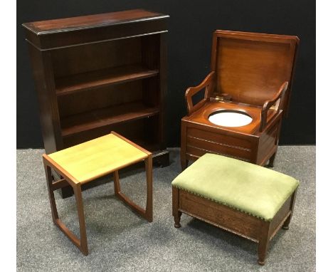 A reproduction mahogany floor standing bookcase; an oak workbox/stool; a G-Plan occasional table; a mahogany commode box, hin