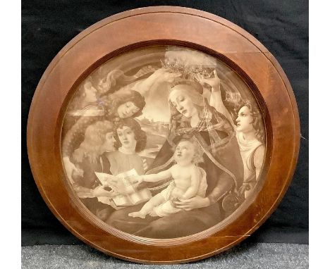 An oak framed print of The Madonna and child, circular frame. 102.5cm diameter. 