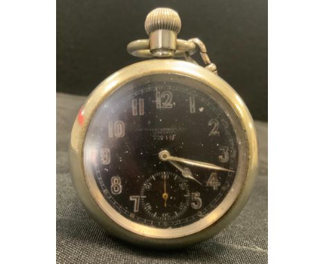 A Military issue pocket watch, H Williamson Ltd London,  serial no 72944F, black dial, Arabic numerals, spade hands, subsidia
