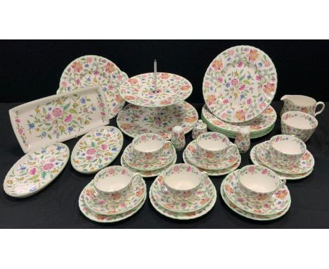 A Minton Haddon Hall pattern six setting afternoon tea service inc sandwich plates, cups, saucers, milk jug, sugar bowl etc 