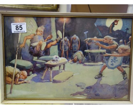 Lawson-Wood original watercolour, a cartoon sketch of cavemen in an interior scene, 13.5" x 8.5" signed and dated, 