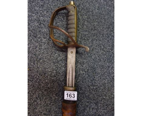 19c Officers Sword and Scabbard, leather bound case blade numbered 105092, etched blade, probably French? 