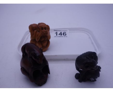 3 x antique style card Netsuke 