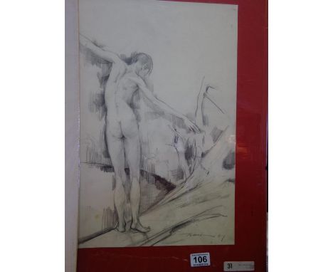 Tom Davison unframed but mounted pencil sketch Roy Balancing signed and dated 1967, 14" x 18" and 1 other watercolour of a fu