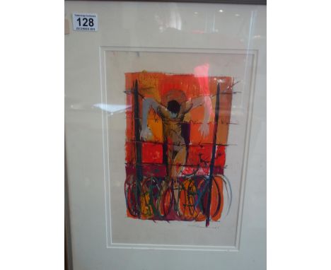 Tom Davison stylized framed watercolour sketch dated 1965, naked man in a pose amongst barbed wire entitled On the Cross, 12"