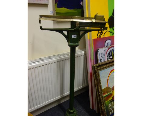 Vintage set of former British Rail? weighing scales and weighs up to 24 stone with brass highlights, green enamel with gilt h