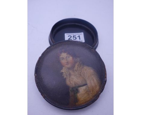 Superb Georgian period snuff box, papier mache, hand painted, 3" dia  by Raven, inscribed with in  the lid in red script, the