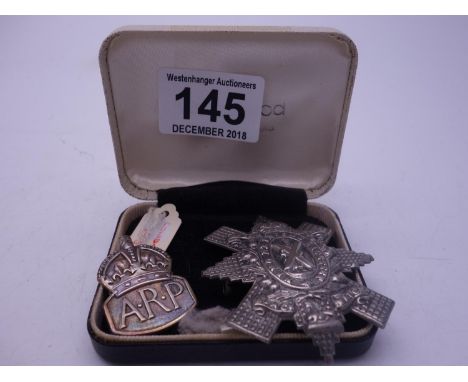 SILVERh/m ARP London 1939 button Pip and 1 other SILVERcoloured Military Badge