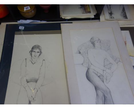 Tom Davison unframed but mounted pencil drawing of a man seated c1977, signed 20" x 28" and 1 other similar pencil sketch ent