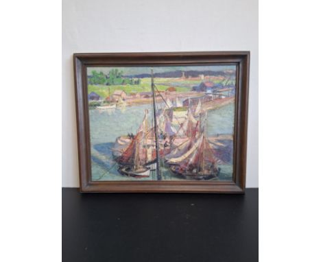 Clare Atwood (1866-1962), a 20th century Impressionist style oil on canvas depicting moored sailing boats and figures on a ha