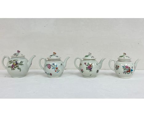 Four 18th century First or Dr. John Wall period Royal Worcester lidded soft-paste porcelain teapots each with a rosebud finia