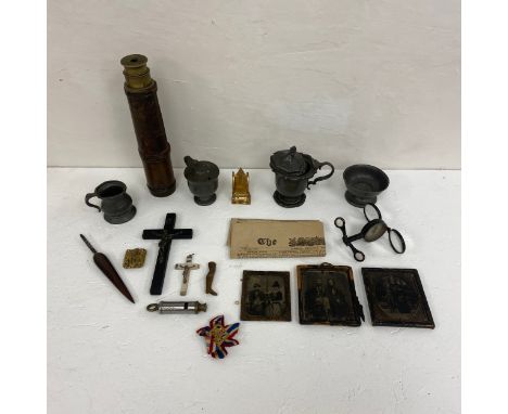 A mixed collection of 19th century and later items to include a brass leather-bound telescope, an 1805 sheet from The Times n