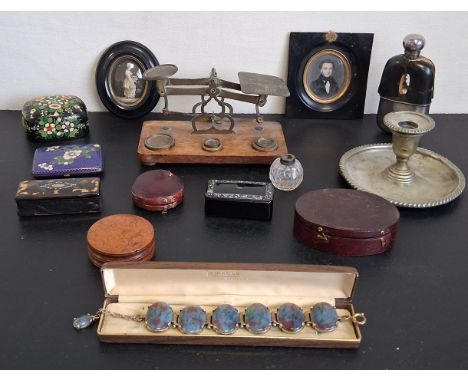 A mixed lot to include six trinket boxes, a Chinese cloisonne cigarette case, a vintage bracelet, a metal mounted and leather