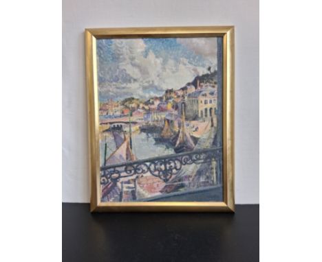 Clare Atwood (1866-1962), A 20th century Impressionist style oil on canvas, view of a Continental harbour from a balcony wind