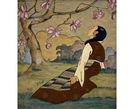 A contemporary Oriental mixed media painting and embroidery depicting a seated figure before a cherry blossom tree in a styli