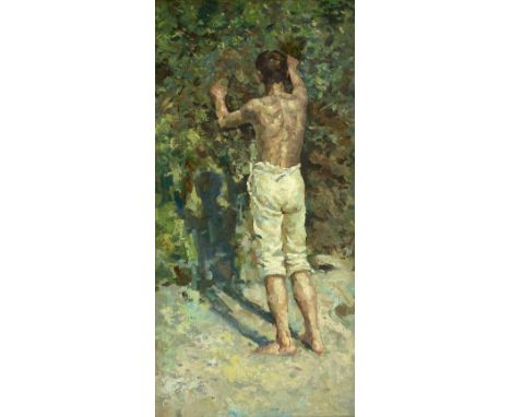 After Henry Scott Tuke RA (1858-1929), a large C.1900 Impressionist style oil on canvas laid board, possibly a portrait of Ch