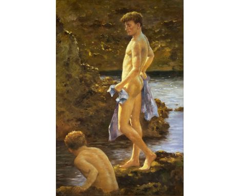 After Henry Scott Tuke RA (1858-1929), a large C.1900 Impressionist style oil on canvas laid board, nude bathers, possibly Ch