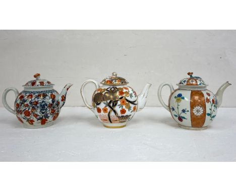 Three 18th century lidded soft-paste porcelain teapots to include a C.1770 First or Dr. John Wall period Royal Worcester Broc