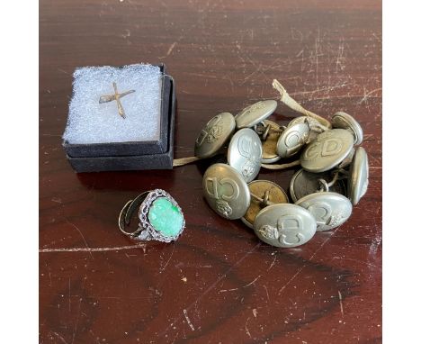 A mixed lot to include a .925 silver stylised crucifix pendant, a repousse silver mounted carved jade ring and set of Civil D