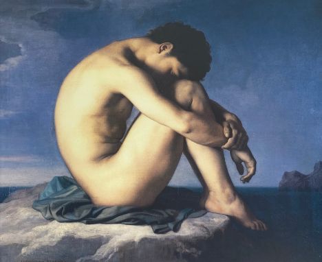 A contemporary print after the 19th century original depicting a nude male thinker by the sea by Jean-Hippolyte Flandrin (180