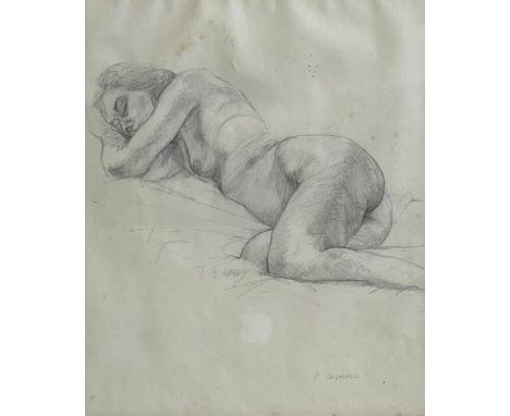 A contemporary pencil drawing by Peter Radmall, study of a reclining nude, signed to the lower right in a glazed frame. H.36 