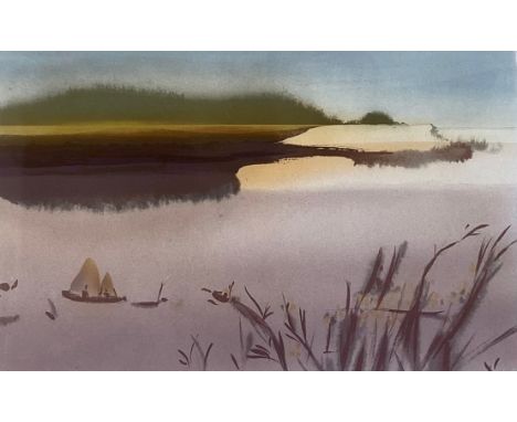 A contemporary limited edition lithograph depicting figures on a boat in an abstract seascape, signed in pencil to the lower 