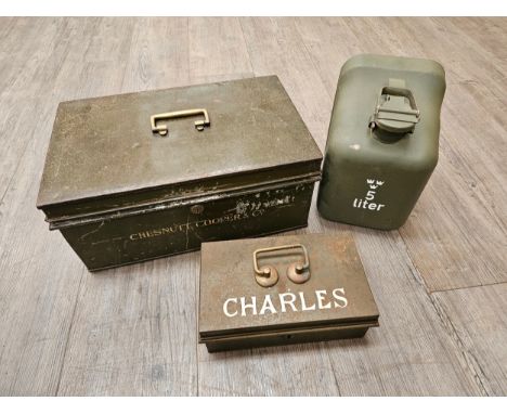 A Swedish Army petrol can together with two deed boxes, one in military colour (3) 