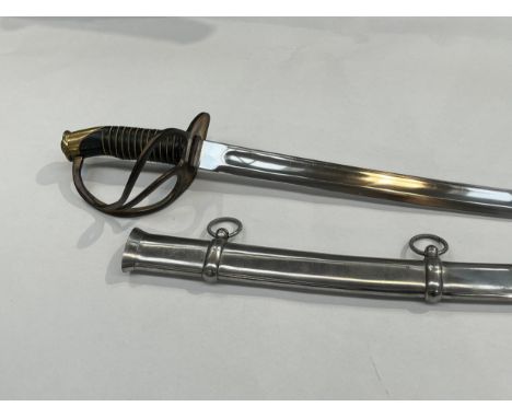 A replica cavalry officer’s sword, brass three bar hilt, wired grip, steel two-ring scabbard. For re-enactment use. 