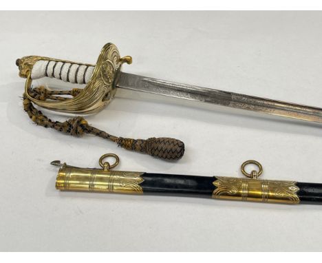 A Royal Naval officer's sword by Gieve Matthew’s / Wilkinson, painted textured grip, George crown to hilt, with belt 
