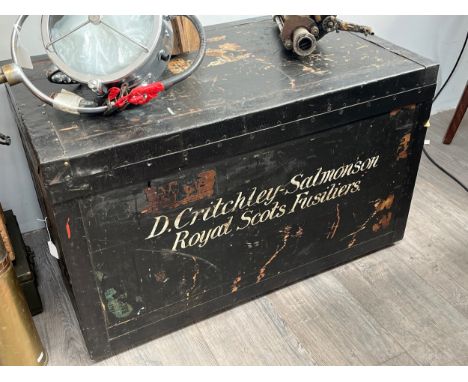 A Royal Scots Fusiliers Army and Navy shipping trunk, zinc lined, marked D. Crichley-Salmonson. 