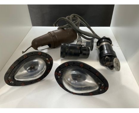 Two WWII Air Ministry RAF Aircraft Teardrop Identification lamps together with an inspection lamp and two cockpit lamps (5) 