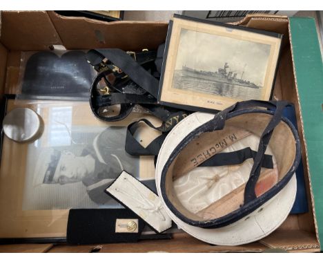 A quantity of WWII Royal naval items including portrait photo, photos of ships, pocket book and officer's belt, various badge