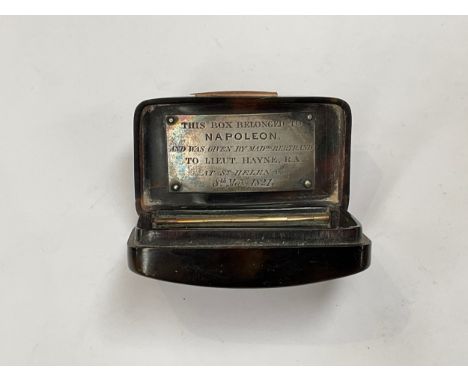 ATTRIBUTED TO NAPOLEON BONAPARTE: An early 19th Century black lacquered snuff box, the lid with chequerboard style line detai