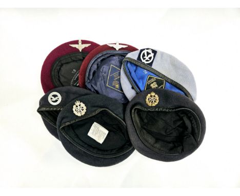 Six various berets with badges including RAF, Air Training Corps, Para Regiment and Army Air Corps 