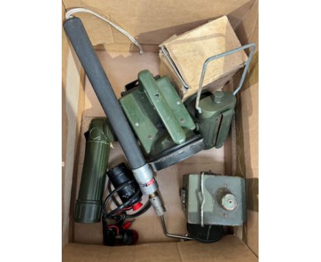 Two boxes of mixed militaria including mine prodder, clacker (a/f), lamps, medic bag, inspection lamp etc 