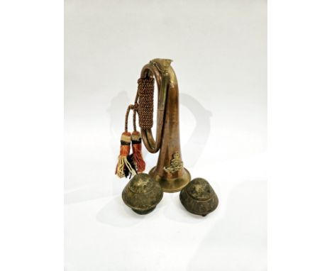 Two WWI shell impact fuses together with a copper and brass bugle with copy Royal Artillery brass badge (3) 