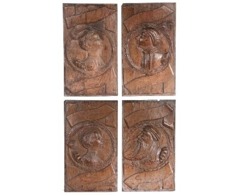 An interesting set of four Henry VIII oak Romayne-type family portrait panels, English, probably Kent/Sussex borders, circa 1