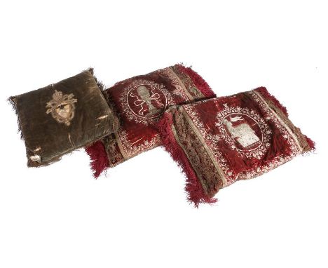 Two large 17th century crimson silk velvet and metallic needlework cushions, Italian, circa 1600  Each with a central medalli