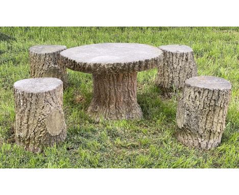 GARDEN 'TREE TRUNK' TABLE AND STOOLS, a pair, well weathered reconstituted stone in the form of tree trunks with table and fo