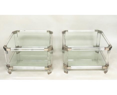 LAMP/SIDE TABLES, a pair, 1970's lucite square rounded each with shelf, 45cmx  45cm x 40cm H. (2) 